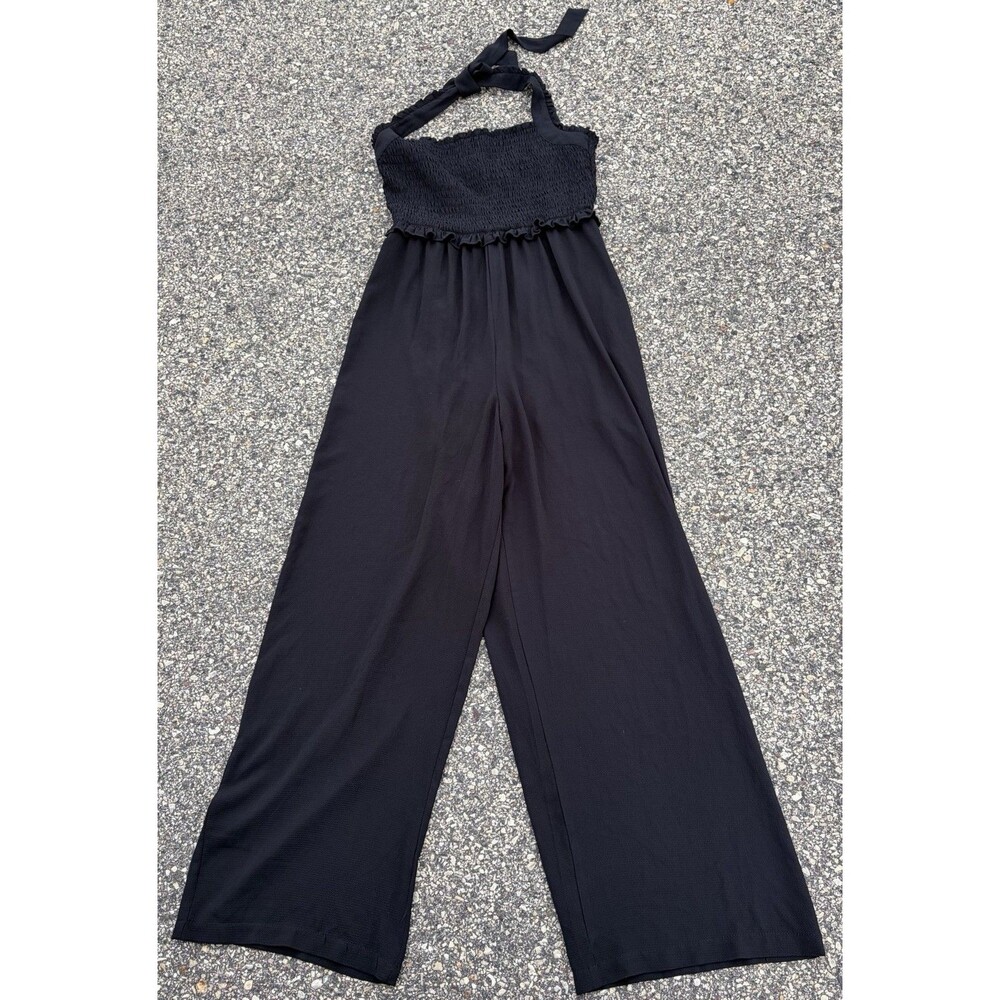 Candie's Black Solid Halter Smocked Wide-Leg Ruffle Jumpsuit Sleeveless Large